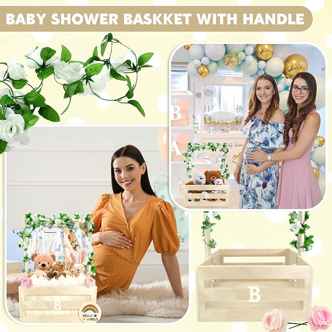 Wooden Baby Shower Crate Closet with Hanger Rack,Baby Baskets,Baby Shower Baskets with Handles & Garland for Newborn Boys Girls,Pregnancy Gifts for New Parents