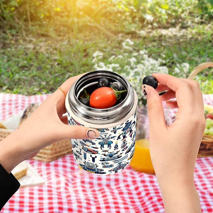 Qilmy Cute Robot Pattern Insulated Food Jar with Spoon, 17oz Stainless Steel Vacuum Lunch Container, Leakproof Hot & Cold Thermo Soup Jar for Kids & Adults