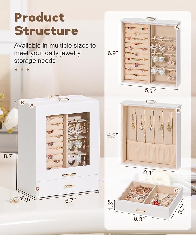 Homde Display Jewelry Box for Girls: Starter Organizer with Clear Window | Vertical Drawers for Earrings Rings Necklaces - Compact Footprint Fits Small Vanities - Birthday&Graduation Gift for Teens