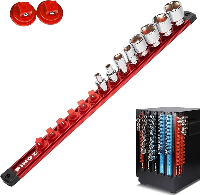 PINOZE 3/8" Magnetic Socket Holder Organizer - Aluminum Alloy Socket Rail Tray for Tool Box Drawer, Socket Rack with Extra 2Pcs Replacement Clips for Automotive Garage(Red)