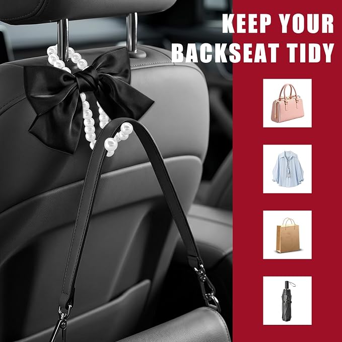2 PCS Bow Pearl Car Seat Headrest Hook, Car Seatback Hanging Organizer Elegant Pearl Purse Hanger, Cute Bow Vehicle Interior Headrest Storage Hook for Handbag Purse Coat (Black)