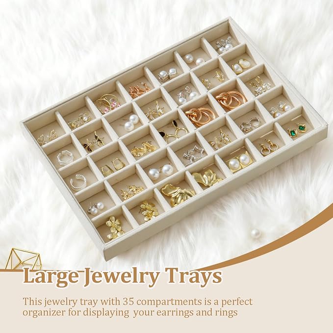 Large Jewelry Organizer for Drawer Insert Velvet Stackable Jewelry Trays for Earring Necklace Bracelet Ring Display (Beige, 35 Grids)