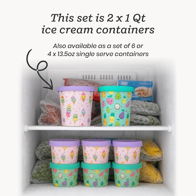 StarPack Freeze The Day Homemade Ice Cream Containers (2-Pack, 1 Quart) - Airtight Silicone Lids, BPA-Free Reusable Ice Cream Freezer Containers with Lids, Stackable, Kawaii Pink & Green