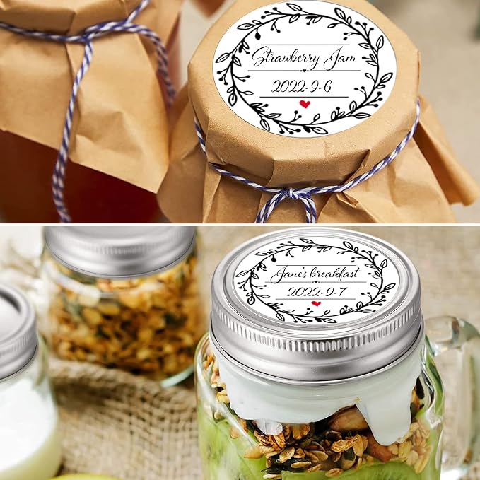 500 Pcs Jar Label Stickers Wreath Design Self-Adhesive Jar Labels for Storage Bin Food Container Canning Spice Oil Bottle Cosmetic Organizing Gift Tags Mason Jars Craft Stickers 2 Inch White
