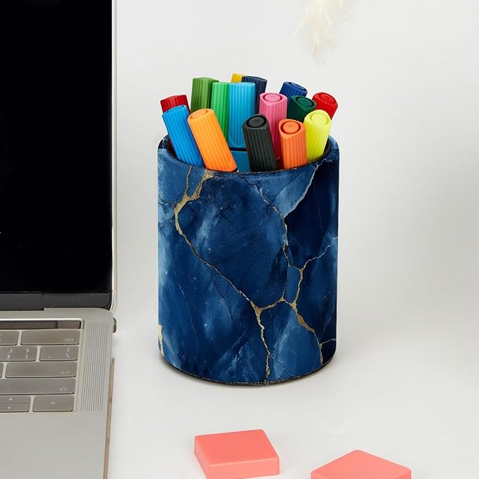 Faux Leather Pen Holder for Desk, Pencil Organizer Blue Gold Marble Texture Pen Cup Desk Decor Makeup Brush Holder Storage for Office Home