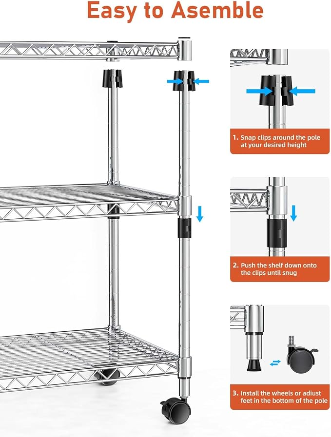 Simple Deluxe Heavy Duty 3-Shelf Shelving Unit, 24.02" D x 13.78"W x 21.97" H, 3 Tier, Chrome