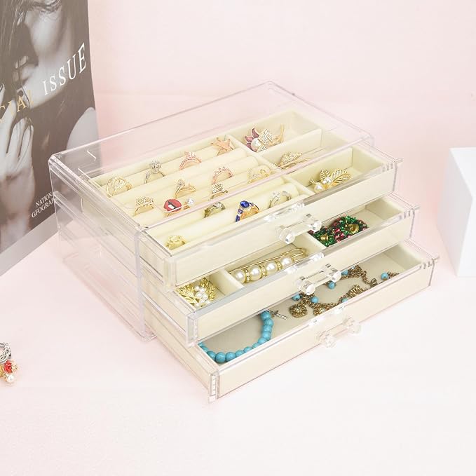 Weiai 3 Drawer Acrylic Jewelry Box Organizer Earring Storage Case Tray for Women