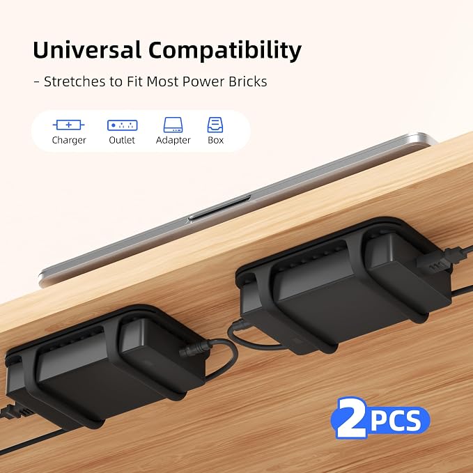 2 Pack Universal Silicone Laptop Charger Holder,Under Desk Power Brick Mount Organizer for Charging Brick & Cables,Flexible Non-Slip Power Bricks Mount,Secure Supply Holder for Laptop Charger,Black