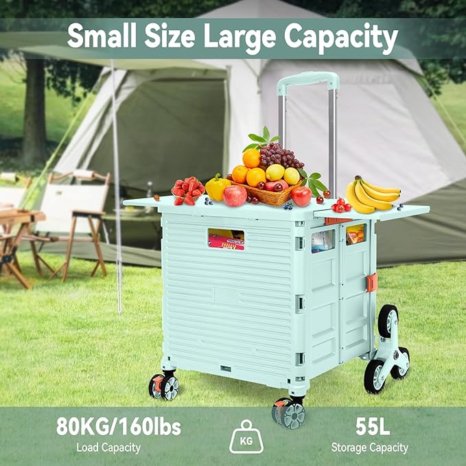 Foldable Utility Cart Portable Crate Rolling Dolly with Telescopic Handle,Can be Pulled diagonally, Magnetic Retractable Lid, 360°Swivel Climbing Wheels for Shopping Carrying Groceries Move Green