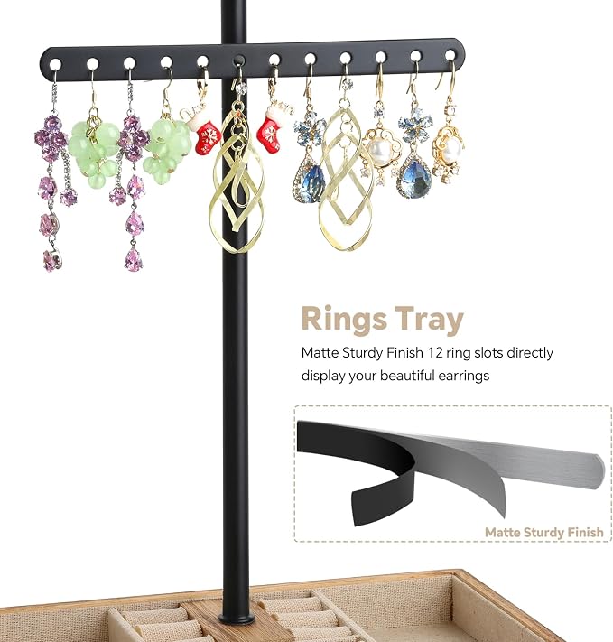 Meangood Jewelry Organizer Stand, 3-Tier Necklace Holder Jewelry Tree with Wooden Storage Drawer Box for Necklace Bracelet Earring Ring, Carbonized Black