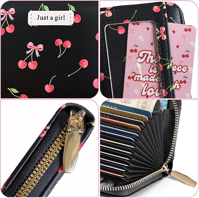 Sunwel Fashion Credit Card Holder for Women Small Accordion Card Cases with ID Window (PINK CHERRY)