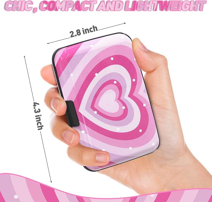 Credit Card Holder, Mini RFID Small Aluminum Card Wallet Business Card Case | Blocking Slim Metal RFID Blocking Front Pocket Wallet Hard Case Durable CC Holder for Women Girls, Pink Hearts