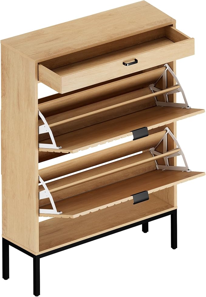 XIAO WEI Shoe Cabinet, Shoe Storage Organizer Cabinet with 2 Flip Half Moon Line Doors, Freestanding Shoe Rack with Adjustable Shelf for Entryway（Oak）