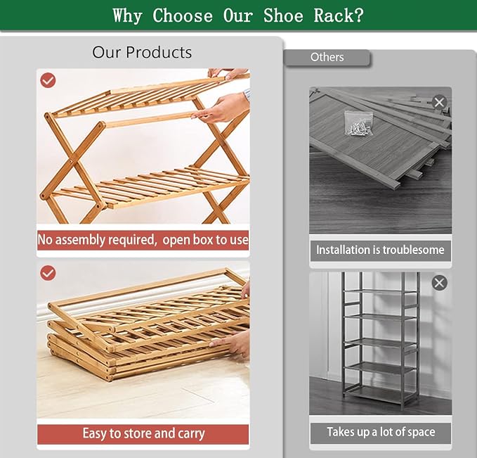 5 Tier Bamboo Shoe Rack,Portable Folding Shoe Storage Rack,Without Installation Small Shoe Rack Perfect for Corridors, Bedrooms and Small Spaces (5 Tier)