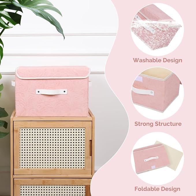 Lucky Monet Cute Storage Bin Boxes with Lids Washable Decorative Storage Boxes Pink Lidded Storage Baskets Collapsible Fabric Box Cubes with PU Leather Handles for Shelf Closet, 3 Pack Pink, Large
