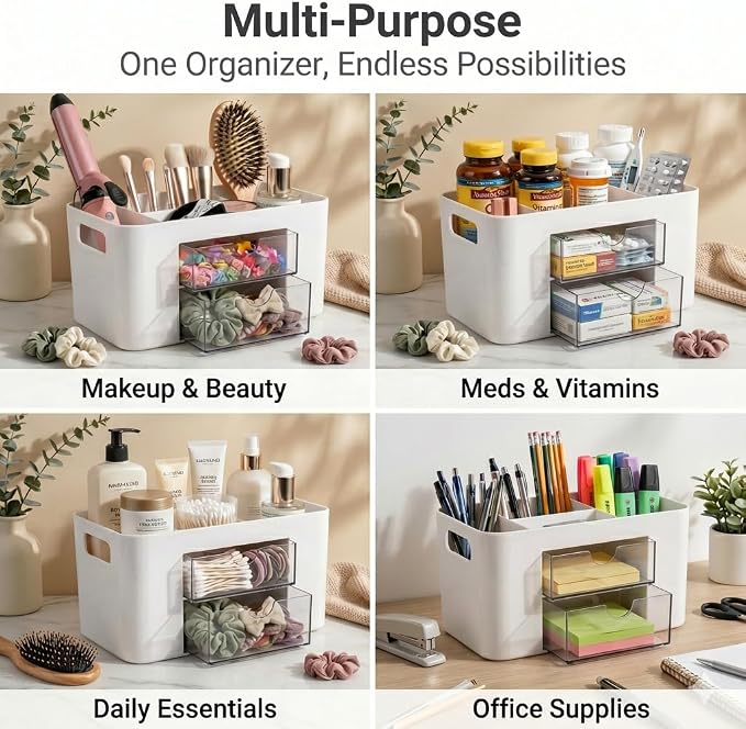 White Desk Organizer with Drawers, 4 Slots, Side Handles, Pen Holder | Desktop caddy for office supplies, makeup brushes, art & vanity | 5 compartments, 2 pull-out drawers, built-in side handles