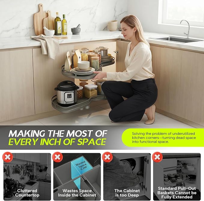 Blind Corner Cabinet Pull Out Organizer, Heavy Duty 2-Tier Soft Close System, Fits 12”-18” Cabinets, Left/Right Adjustable Magic Corner Storage for Kitchen Cabinets