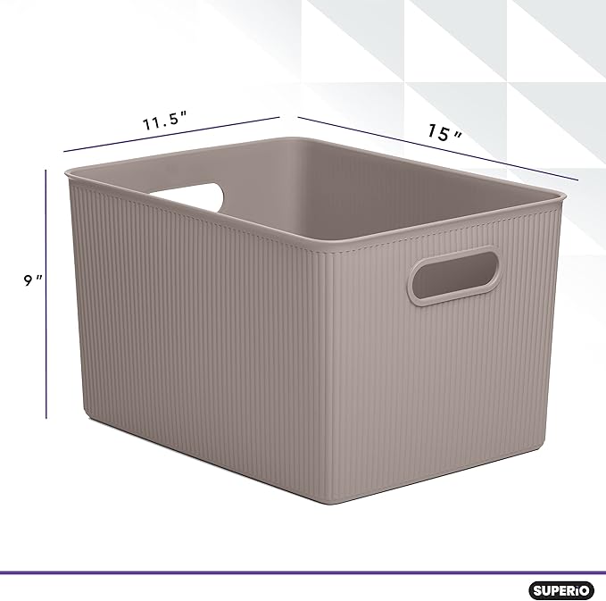 Superio Ribbed Collection - Decorative Plastic Basket Open Home Storage Bins Organizer, X-Large Taupe (4 Pack) Container Boxes for Organizing Closet Storage Bins for Shelves 22 Liter/23 Quart
