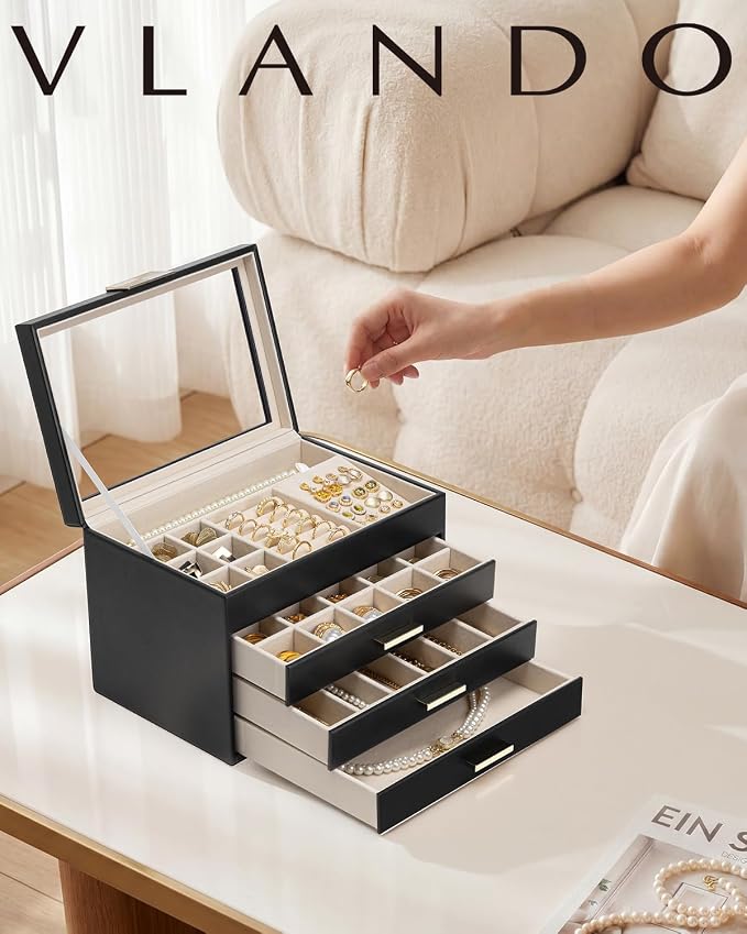 VLANDO Jewelry Box Organizer for Women, 4-Layer Jewelry Storage Case with Glass Lid, Gold Handle, 3 Drawers for Rings, Earrings, Necklaces and Bracelets - Black
