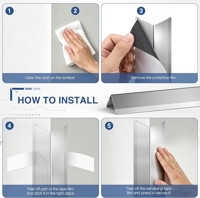 Magicheap 4 Pack Stainless Steel Wall Corner Protector, 17.7in x 1.18in | Self Adhesive, Easy to Install, Arc-shaped Polished, Edge Guard Strip for Walls Furniture Cabinet Shelf Drywall Desk