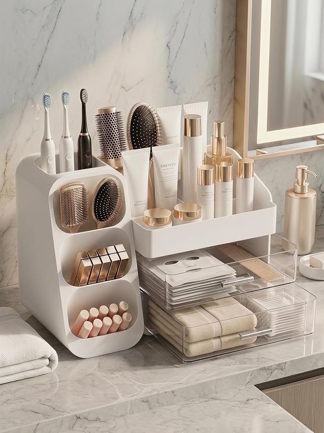 Booklov Large Makeup Organizer for Vanity Countertop, White | Clear Acrylic Cosmetic Display Case, Beauty Brush Holder for Bathroom Counter, Make Up Skincare Lipsticks Storage