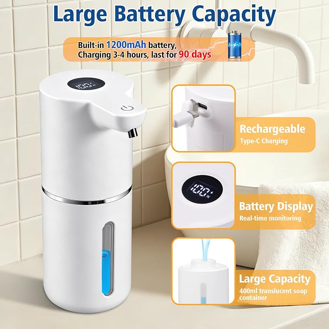 Automatic Liquid Soap Dispenser, Touchless Rechargeable, 350ml, White