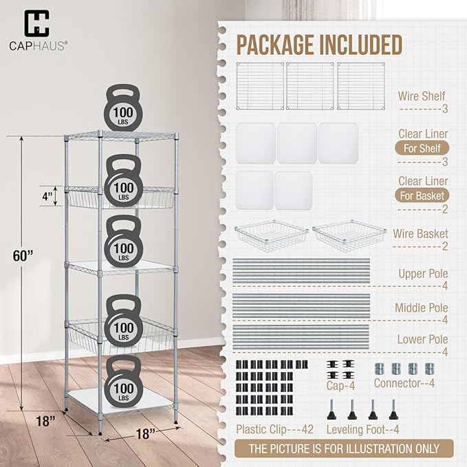 CAPHAUS NSF Adjustable 5 Tier Wire Shelving Unit w/Basket & Liner, Metal Storage Rack Corner Shelves, Storage Rack for Kitchen, Bathroom, Laundry Closet, Metal Wire Shelving w/Basket Shelves Silver