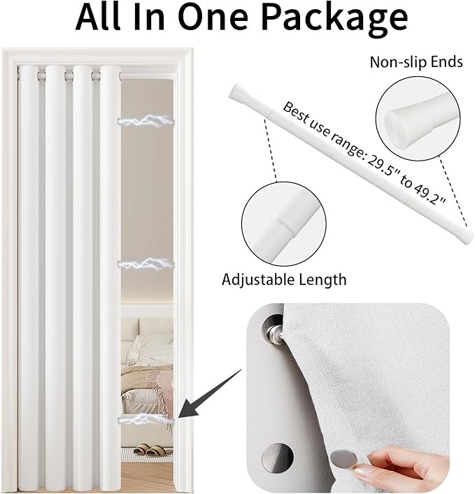 Vatge Magnetic Doorway Curtains with Rod, W52 x L78, 1 Panel, Grayish White | Light Filtering Door Curtain for TV Room, Soft Fabric, Easy to Access