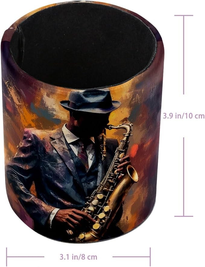 Gentleman Playing the Saxophone Pen Holder Pencil Organizer for Desk, 3.1” x 3.1” x 3.9” Pencil Cup Office Supplies, Large Capacity Cute Pen and Makeup Brush Holder for Home, School, Desktop