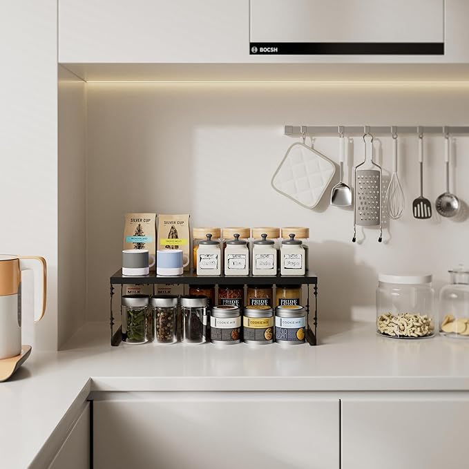 Stackable Expandable Metal Shelf Organizer - Adjustable Wire Storage Rack with Holes for Kitchen, Bathroom, Cabinet, Office - Space Saving, Durable & Sturdy Design（2PACKS/Large/Black