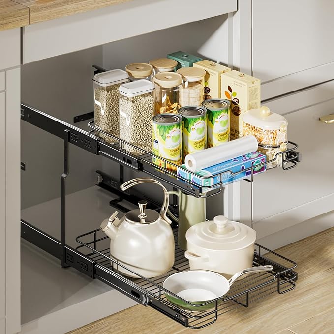 Delamu 14" W X 21" D Pull Out Cabinet Organizer, 2 Tier Heavy Duty Cabinet Shelf Organizers, Cabinet Slide Out Shelves for Kitchen, Pantry and Bathroom, Black Silver