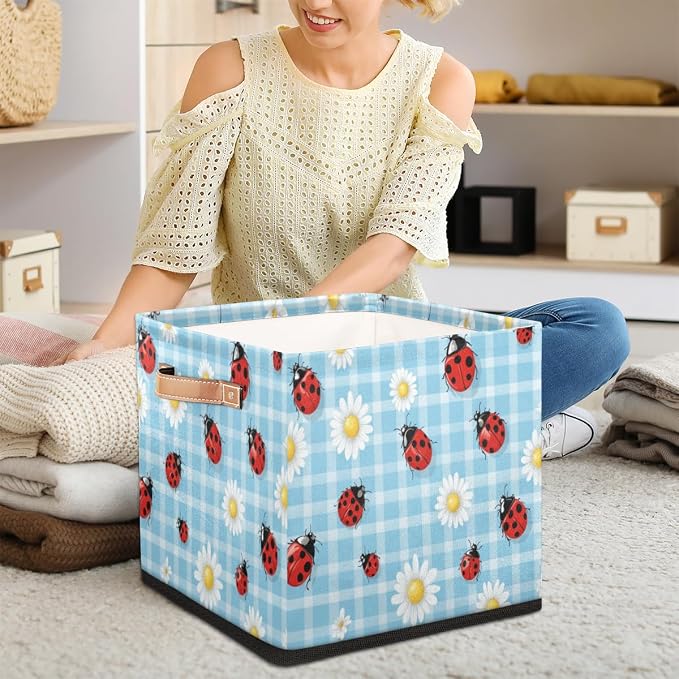 TropicalLife Floral Daisy Ladybugs Storage Cube, 13 Inch Fabric Cube Storage Organizer Bin for Shelves Clothes, Decorative Foldable Storage Boxes