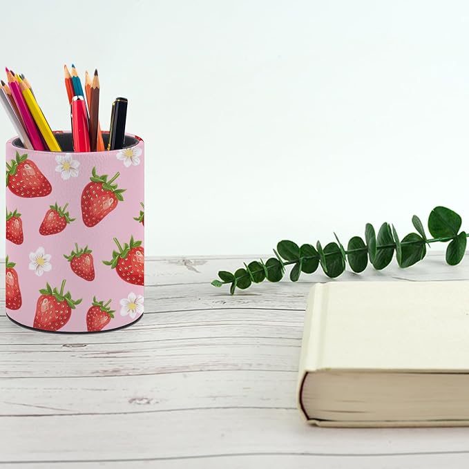 Strawberry Pen Holder Pencil Cup for Desk Organizer | Cute Makeup Brush Holder PU Multifunctional Office Suppliesfor Decor Home Classroom School