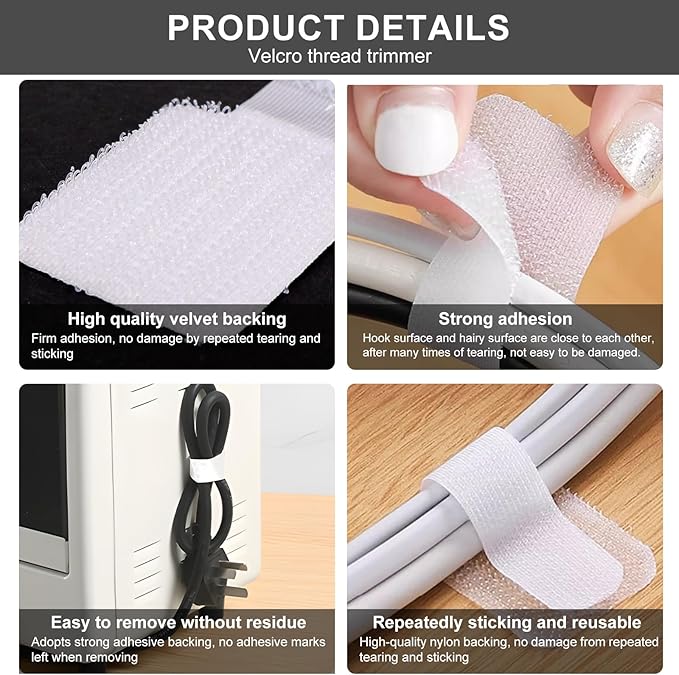 100-Pack Reusable Self-Adhesive Cable Ties cable management Adjustable Hook & Loop Straps for Organizing Data Cables, Wires, Headphones Under-Table Cord Management for Home, Office