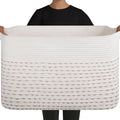OIAHOMY 108L Extra Large Blanket Basket, 25”x16”x16” Rectangle Woven Cotton Rope Baskets for Living Room, Toy Storage with Handle- Light Yellow & White