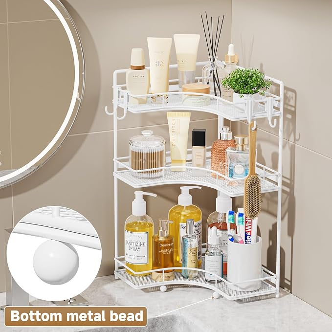 VITVITI 3 Tier Corner Bathroom Counter Organizer, Bathroom Countertop Organizer Storage for Sink, Metal Mesh Makeup Organizer for Vanity Countertop Kitchen with Hooks, White