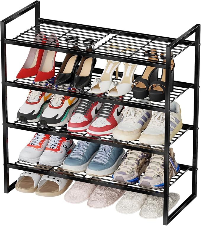 4 Tier Shoe Rack for Closet, 27 Inch Long Square Shoe Storage Organizer for Shelves, Heavy Duty Metal, Easy Assembly Stackable, Black