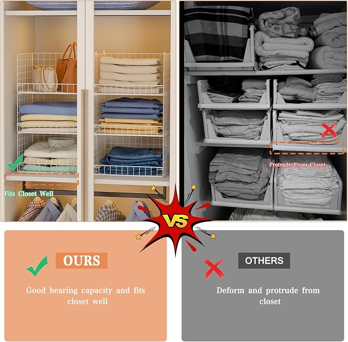 Huxitocan 4-Tier Closet Shelf Organizer - Closet Organizers and Storage Basket, Stackable Closet Storage Bins, Foldable Clothes Organizers and Storage Shelves for Home Closet Organizer System