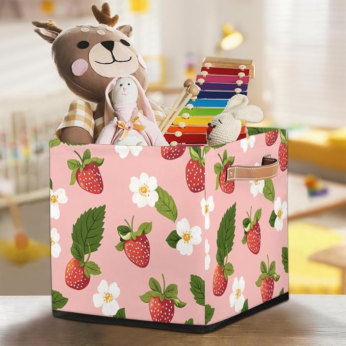 TropicalLife Floral Strawberry Storage Cube, 13 Inch Fabric Cube Storage Organizer Bin for Shelves Clothes, Decorative Foldable Storage Boxes