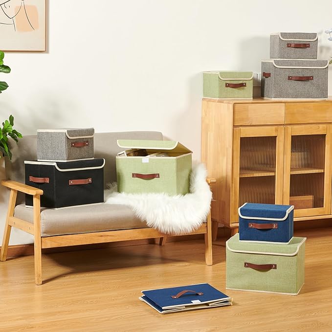Storage Boxes with Lid Cotton Linen Fabric Storage Bins Organizer Container Decorative Collapsible Washable Shelf Baskets Faux Leather Handles for Home Bedroom Closet (Deep Blue, Large)
