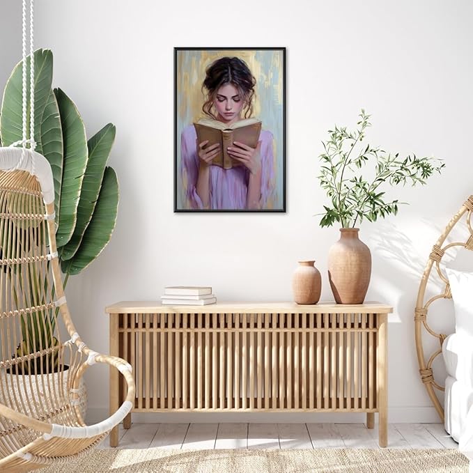Girl Reading Book Lover Art Aesthetic Poster Canvas Wall Art Decoration Living Room Home Decor Bedroom Decoration Poster black framed8x12inch