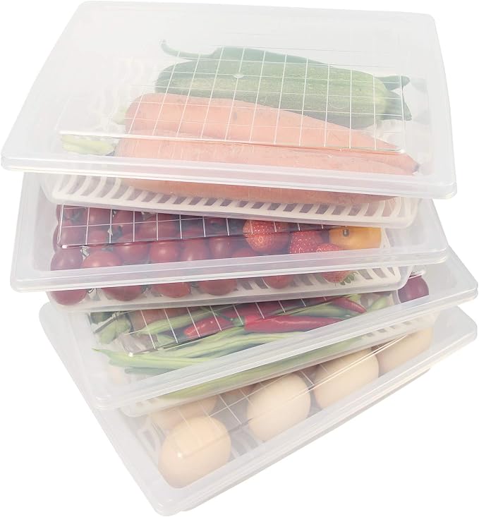 4PCS Food Storage Container, Plastic Food Containers Large | [With Removable Drain Plate and Lid], [Stackable Portable Freezer Storage Containers]-Tray to Keep Fruits, Vegetables, Meat