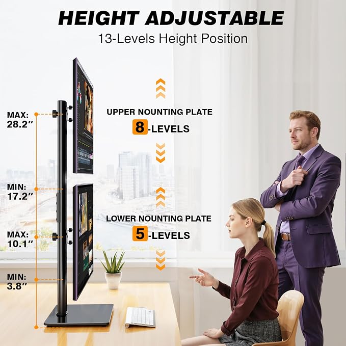 Dual Monitor Stand VESA Mount for 13-38 Inch Screens up to 44lbs | Free-Standing Monitor Riser with Swivel, Tilt, Rotation & Height Adjustable, Compatible with VESA 75x75-100x100mm
