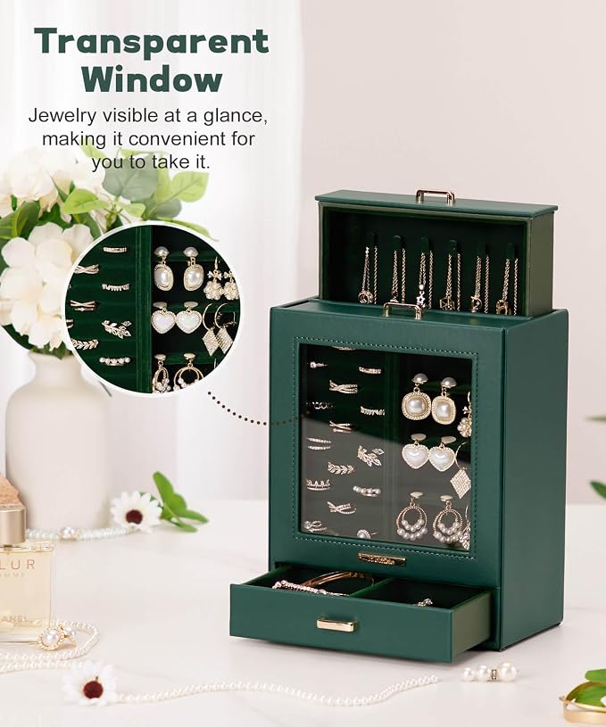 Homde Display Jewelry Box for Girls: Starter Organizer with Clear Window | Vertical Drawers for Earrings Rings Necklaces - Compact Footprint Fits Small Vanities - Birthday&Graduation Gift for Teens