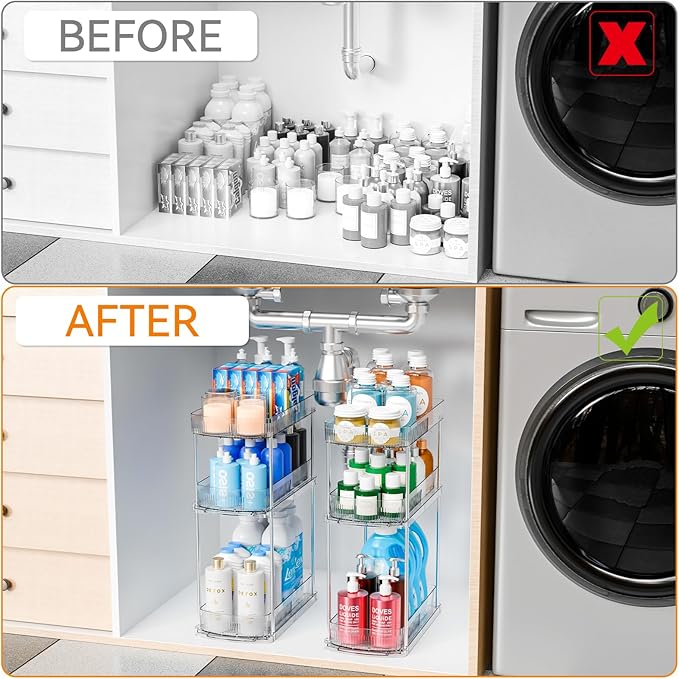 2 Pack 3 Tier Large Pull Out Bathroom Organizers and Storage,13.8″ Deep Sliding Kitchen Under Sink Organizer for Cleaning Products Storage,Acrylic Clear Bathroom inder Sink Organizer,Undersink Storage