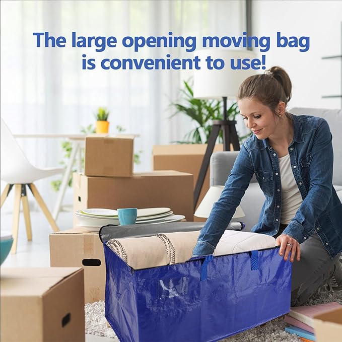 4 Pack Waterproof Moving Bags with Strong Zippers and Reinforced Handles, Real 100lb Capacity Extra Heavy Duty Large Storage Totes for Packing & Moving Storing, Alternative to Moving Boxes -95L,Blue