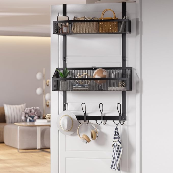2-Tier Over Door Hook & Basket Organizer 12 Hooks + 2 Mesh Baskets for Bathroom Towels, Kitchen Pantry & Bedroom Storage, No-Drill Hanging Rack, Black