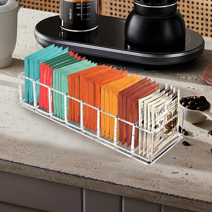 Tasybox Tea Bag Organizer, Tea Holder, Tea Organizers and Storage, 1 Pack | Acrylic Tea Organizer, Clear Tea Bag Holder, 8 Slot Tea Bag Storage Container for Drawer, Pantry, Kitchen, Cabinet Countertop