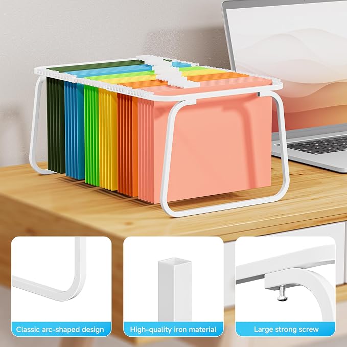 Marbrasse Hanging File Folder Frame, Adjustable Letter Size File Holder 16-25 Inches, Metal File Cabinet Rails for Office, Home, School, White