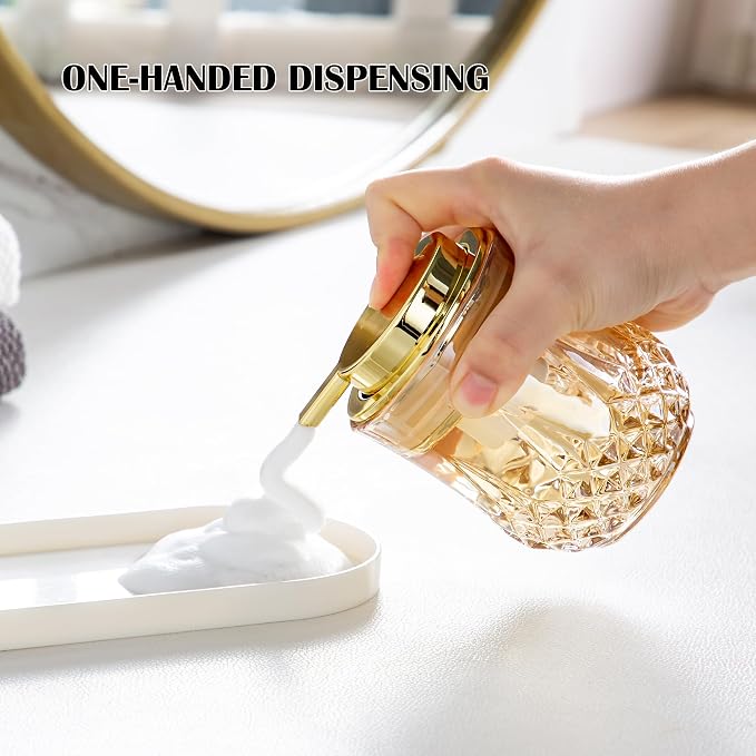 Gold Foaming Soap Dispenser Set- 2 Pack Bathroom Hand Foam Soap Dispensers,Glass Refillable Dish Soap Dispenser,Modern Home Soap Dispenser for Bathroom,Kitchen (Gold Foam Type/2Pcak)